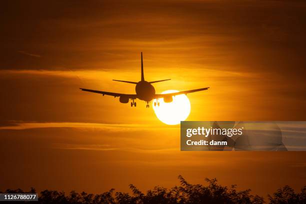 silhouette of an air plane over the sun with beautiful red clouds in background - red plane stock pictures, royalty-free photos & images