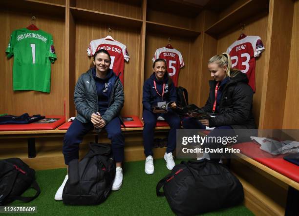 Danielle van de Donk, Katie McCabe and Beth Mead of Arsenal before in the changing room before the match between Arsenal Women and Manchester City...