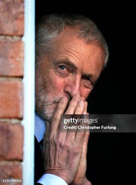 Labour Party leader, Jeremy Corbyn speaks during a rally at Voluntary Action Broxtowe on February 23, 2019 in Beeston, England. Beeston is the...