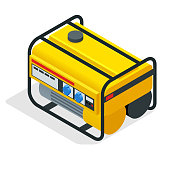 Isometric yellow Gasoline Generator. industrial and home immovable power generator. Diesel electric generator on outdoor vector illustration
