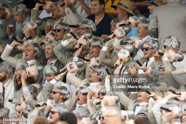 The Richies cheer as they watch on in the crowd during day two of the Second Test match between Australia and Sri Lanka at Manuka Oval on February...