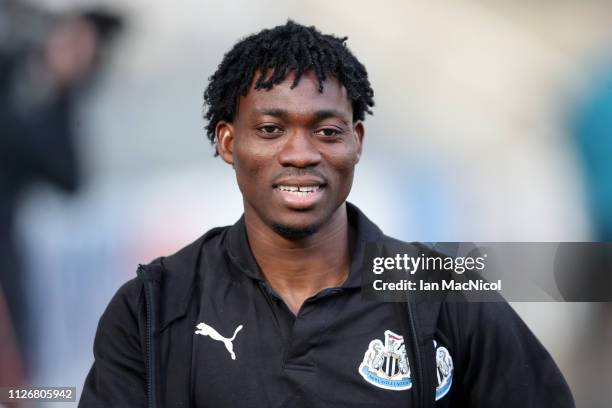 Christian Atsu of Newcastle United arrives at the stadium prior to the Premier League match between Newcastle United and Huddersfield Town at St....