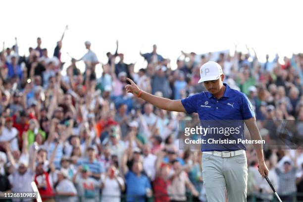 Rickie Fowler reacts following a birdie putt on the 16th green during the second round of the Waste Management Phoenix Open at TPC Scottsdale on...