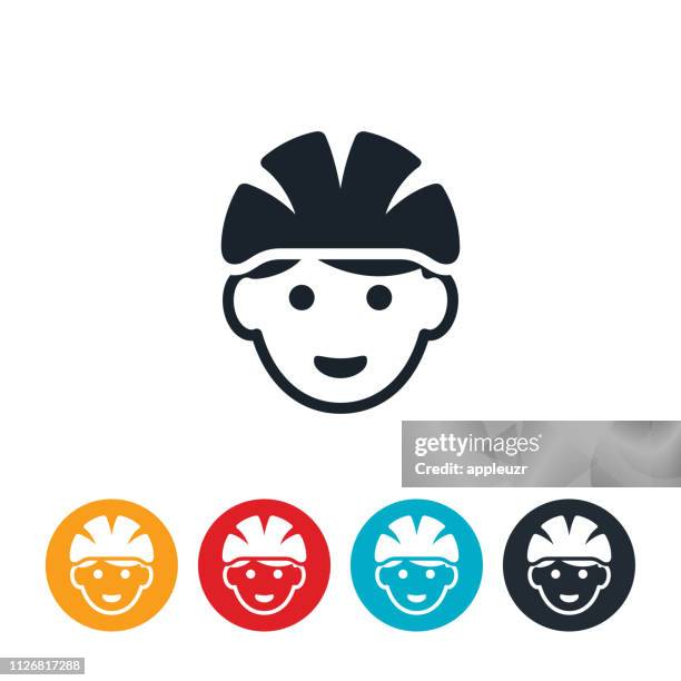 ilustraciones, imágenes clip art, dibujos animados e iconos de stock de niño usar bicicleta casco icon - cycling helmet