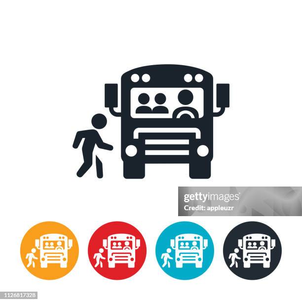 stockillustraties, clipart, cartoons en iconen met kind kostschool bus pictogram - instappen