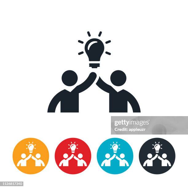 business people holding up light bulb icon - two men stock illustrations