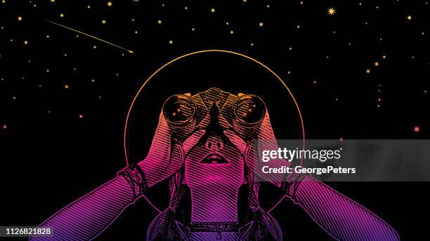 ilustraciones, imágenes clip art, dibujos animados e iconos de stock de mujer joven inconformista con prismáticos y estrellas - aureola
