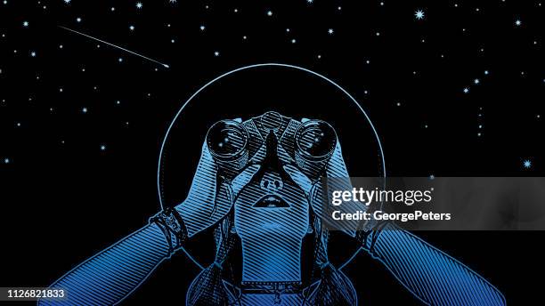 young hipster woman with binoculars and stars - young women stock illustrations