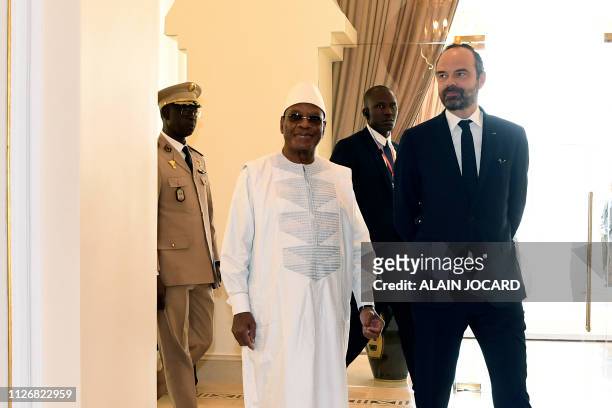French prime minister Edouard Philippe arrives for a meeting with Malian president Ibrahim Boubacar Keita at the Koulouba palace, on February 23 in...