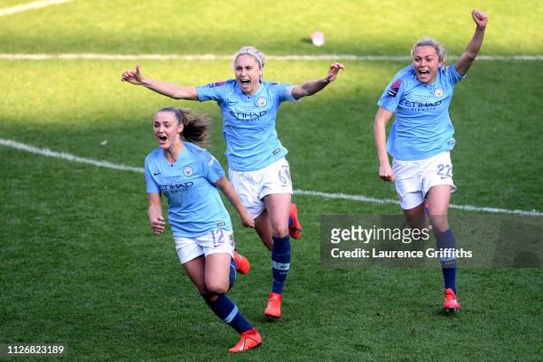 Georgia Stanway, Steph Houghton and Claire Emslie of Manchester City Women celebrate following the FA Women's Continental League Cup Final between...