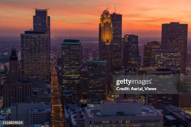 downtown minneapolis skyline - golden hour - minneapolis drone stock pictures, royalty-free photos & images