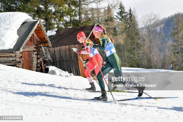 Anna Nechaevskaya of Russia and Sofie Krehl of Germany during the Women's Cross Country Skiathlon at the FIS Nordic World Ski Championships at...