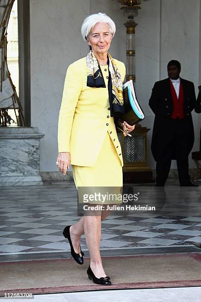 French Minister of Economy Christine Lagarde leaves the weekly french cabinet meeting at Elysee Palace on April 20, 2011 in Paris, France.