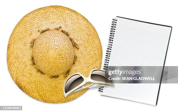 straw hat notepad and sunglasses - straw hat stock pictures, royalty-free photos & images