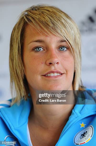 Lena Goessling smiles during a German Women National Team press conference at NetCologne Stadium on April 20, 2011 in Cologne, Germany.