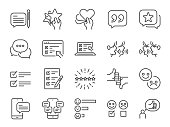 Reviews line icon set. Included icons as review score, feedback, testimonial, comment, survey and more.