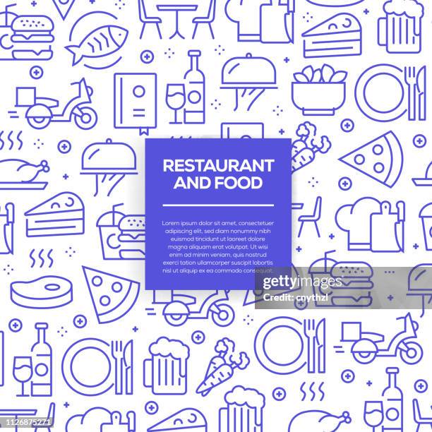 vektorsatz von designvorlagen und elementen für restaurant und essen im trendigen linearen stil - nahtlose muster mit linearen icons im zusammenhang mit restaurant und essen - vector - servierfertig stock-grafiken, -clipart, -cartoons und -symbole