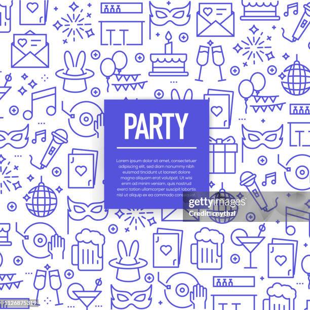 vector set of design templates and elements for party related in trendy linear style - seamless patterns with linear icons related to party related - vector - music festival background stock illustrations