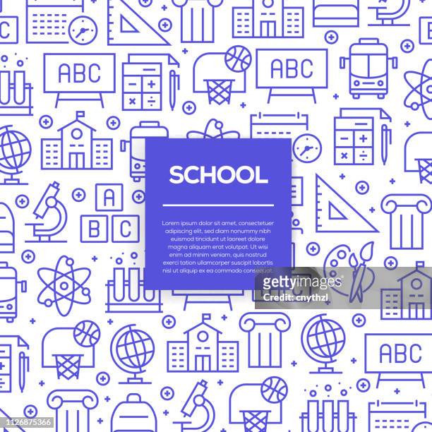 vector set of design templates and elements for school in trendy linear style - seamless patterns with linear icons related to school - vector - preschool stock illustrations