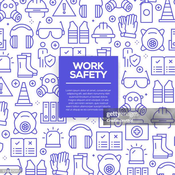 vector set of design templates and elements for work safety in trendy linear style - seamless patterns with linear icons related to work safety - vector - protective workwear stock illustrations
