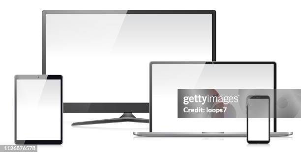 computer monitor, laptop, smart phone and digital tablet vector illustration - macbook laptop white background stock illustrations