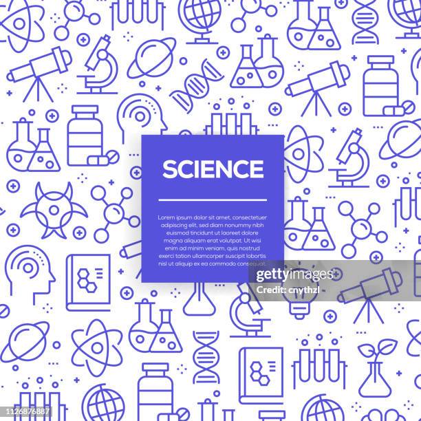 bildbanksillustrationer, clip art samt tecknat material och ikoner med vector uppsättning mallar och element för vetenskap i trendiga linjär stil - sömlösa mönster med linjär ikoner besläktade med science - vektor - lab