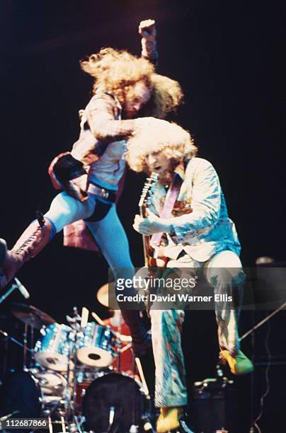 Singer Ian Anderson and guitarist Martin Barre of Jethro Tull during a live concert performance on stage at the Wembley Empire Pool, London, England,...