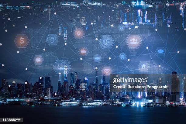 network and technology connection concept with city background - new york icon stock-fotos und bilder