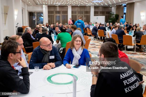 Delegates talk to each other during day 2 of the DFB Amateur Football Congress at Hotel La Strada on February 23, 2019 in Kassel, Germany.
