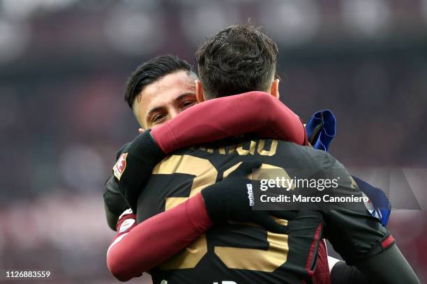 Armando Izzo of Torino FC celebrate with his teammate Salvatore Sirigu at the end of the Serie A football match between Torino Fc and Atalanta...