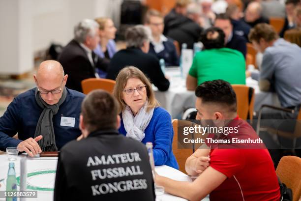 Delegates talk to each other during day 2 of the DFB Amateur Football Congress at Hotel La Strada on February 23, 2019 in Kassel, Germany.