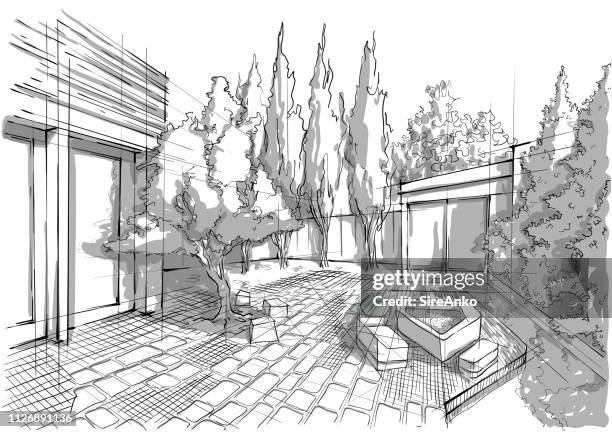 stockillustraties, clipart, cartoons en iconen met hand getrokken landschapsarchitectuur zwart-wit - architectural drawings