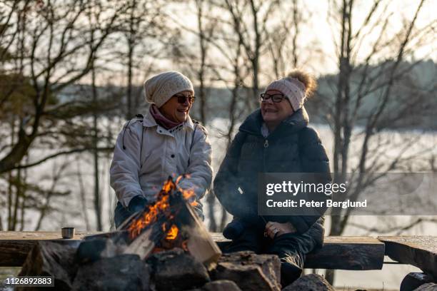 seniors dames assises par un feu de joie - bbq winter photos et images de collection