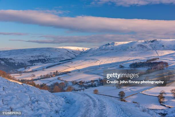 winter scene of kinder scout estate with golden light at sunrise. english peak district. uk - winter wonderland 個照片及圖片檔