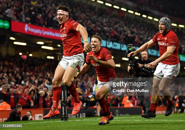 Josh Adams of Wales celebrates with Liam Williams as he scores their second Wales try during the Guinness Six Nations match between Wales and England...