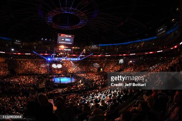 General view of the Octagon during the UFC Fight Night event at O2 Arena on February 23, 2019 in the Prague, Czech Republic.