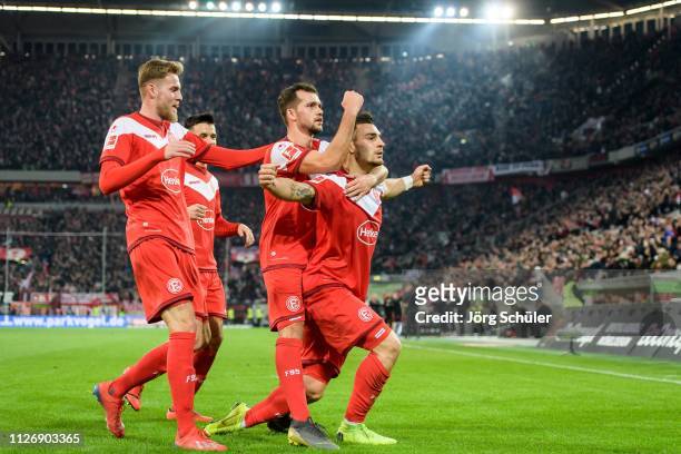 Marvin Duksch, Kevin Stoeger and Kaan Ayhan celebratring the 2-1 lead during the Bundesliga match between Fortuna Duesseldorf and 1. FC Nuernberg at...