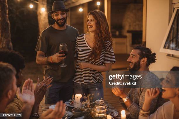 enjoy in summer dinner with friends - speech dinner stock pictures, royalty-free photos & images