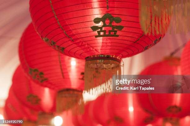 red chinese lanterns during the celebration of 2019 chinese new year - chinese lantern stock-fotos und bilder