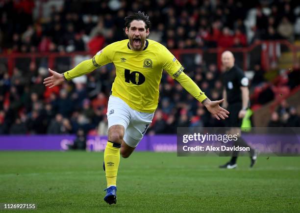 Danny Graham of Blackburn celebrates scoring his team's second goal during the Sky Bet Championship match between Brentford and Blackburn Rovers at...