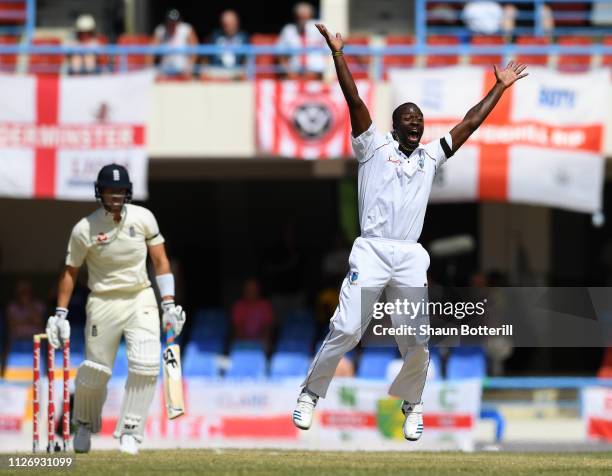 Kemar Roach of West Indies makes an un-successful appeal for the wicket of Joe Denly of England during Day Three of the 2nd Test match between West...