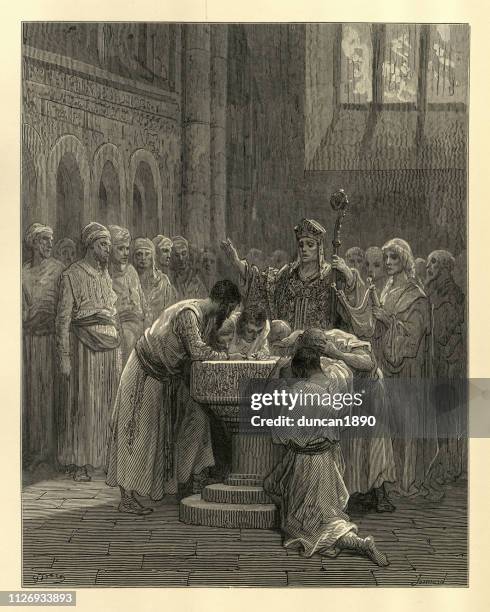 history of crusades, baptism of infidels, by gustave dore - baptismal font stock illustrations