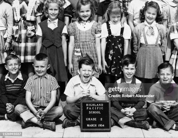 The second grade class at Highland Pacific Elementary School in Highland, California, pose for a group portrait in 1954.