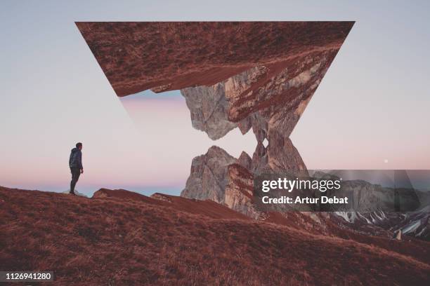 creative geometric landscape manipulation with reflection in the italian alps. - thinking fantasy stock pictures, royalty-free photos & images