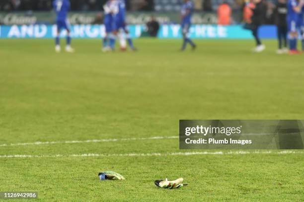 Kasper Schmeichel's gloves left in the penalty area after the Leicester City keeper left the pitch at full time during the Premier League match...