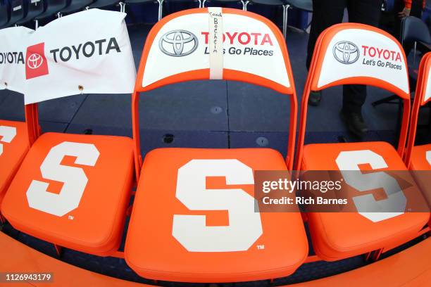 General view of the seat reserved for head coach Jim Boeheim of the Syracuse Orange prior to the game against the Duke Blue Devils at the Carrier...