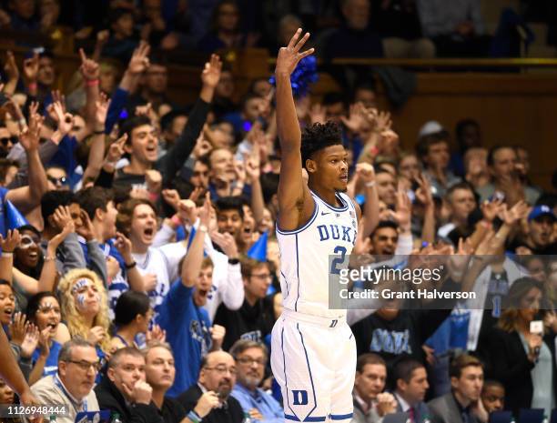 Cam Reddish of the Duke Blue Devils reacts after a three-poit basket against the St. John's Red Storm during the first half of their game at Cameron...