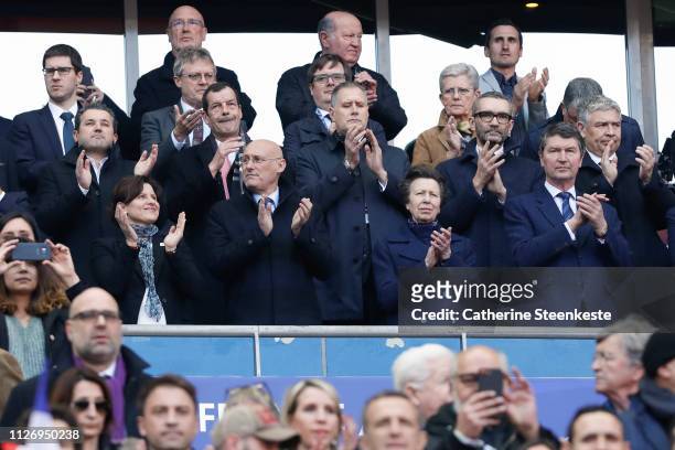 French sports minister Roxana Maracineanu, President of the French Rugby Federation Bernard Laporte, HRH Princess Anne and her husband Commander...