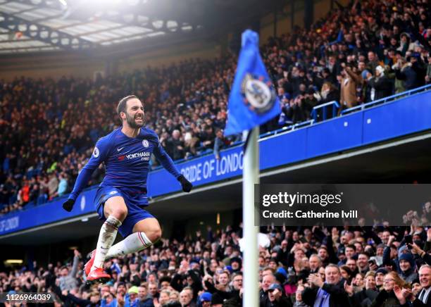 Gonzalo Higuain of Chelsea celebrates after he scores his teams first goal during the Premier League match between Chelsea FC and Huddersfield Town...