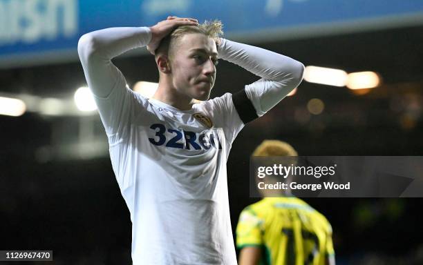 Jack Clarke of Leeds United stands dejected during the Sky Bet Championship match between Leeds United and Norwich City at Elland Road on February...